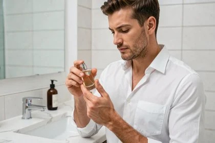 Homme élégant tenant un flacon de parfum minimaliste dans une salle de bain moderne en marbre blanc