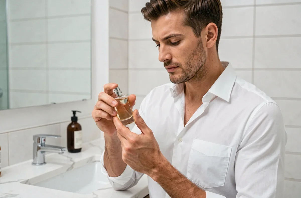 Homme élégant tenant un flacon de parfum minimaliste dans une salle de bain moderne en marbre blanc