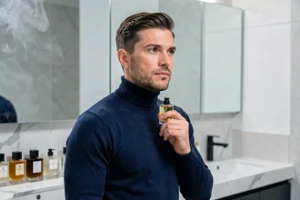 Homme élégant tenant un flacon de parfum dupe de luxe dans une salle de bain moderne en marbre blanc