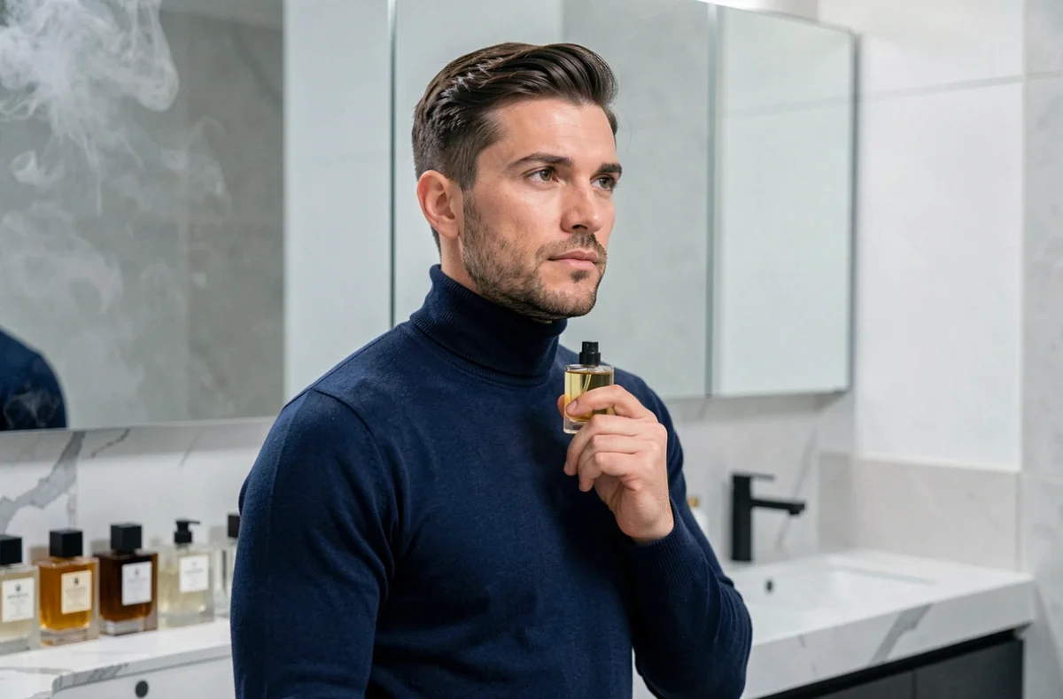 Homme élégant tenant un flacon de parfum dupe de luxe dans une salle de bain moderne en marbre blanc