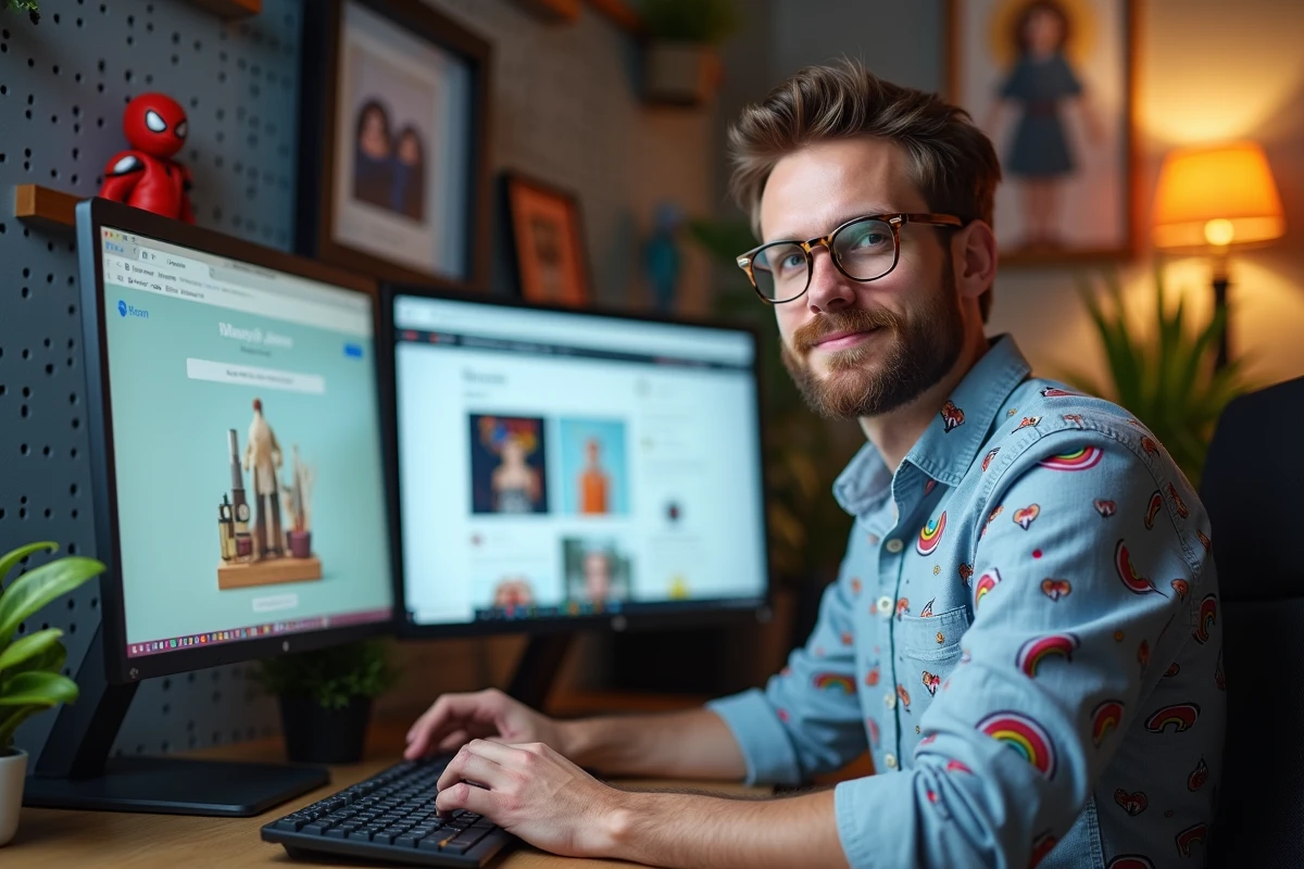 Homme geek millennial souriant devant son setup informatique affichant un blog culture geek et beauté dans un bureau maison décoré de figurines