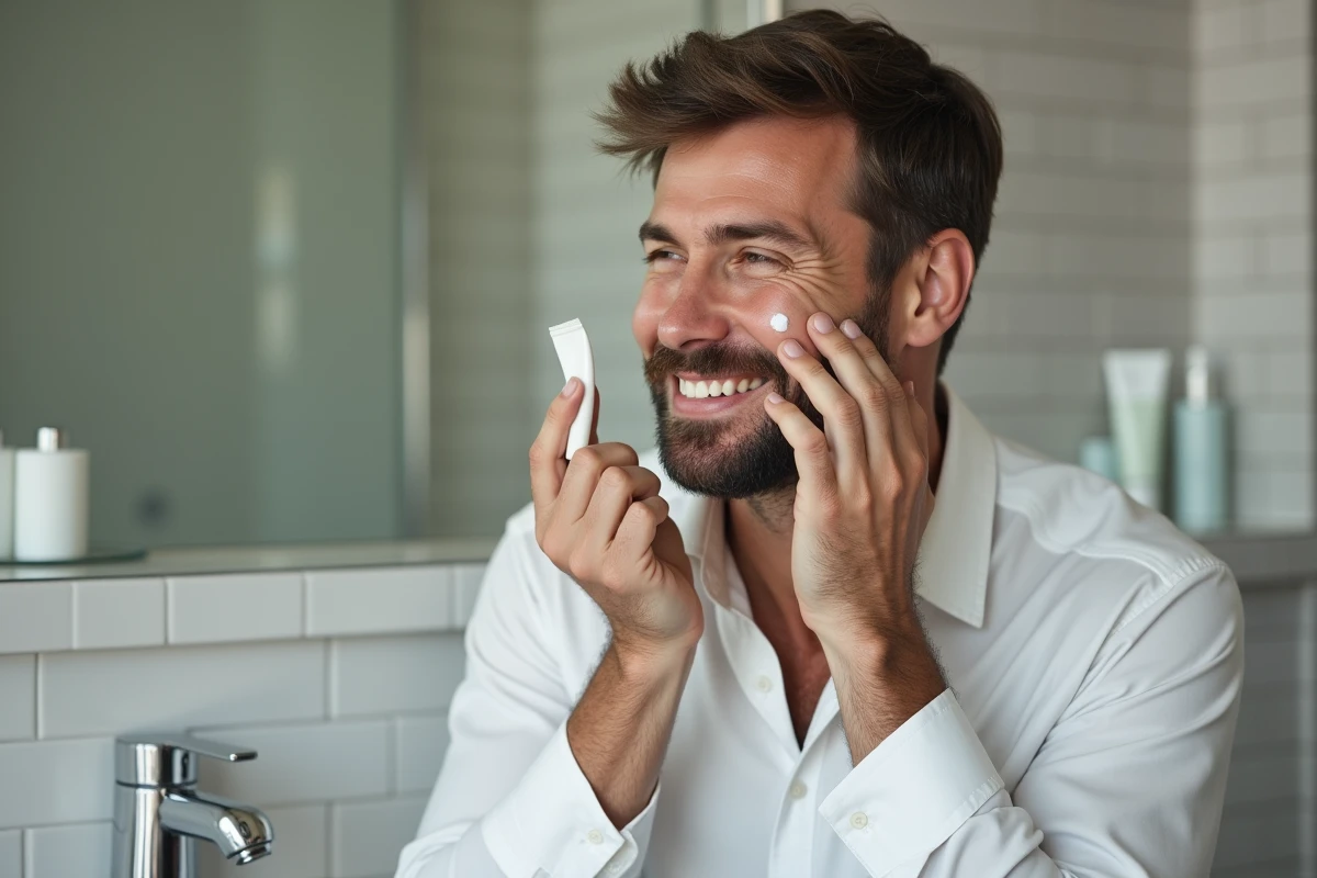 Homme appliquant une crème hydratante dans une salle de bain moderne
