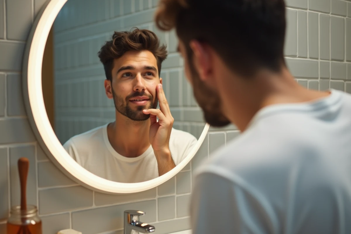 Jeune homme examinant sa cicatrice dans le miroir