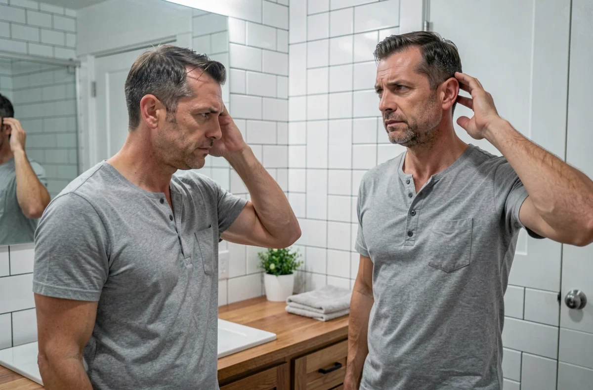 Homme d'une quarantaine d'années s'examinant les cheveux devant le miroir de sa salle de bain avant un rendez-vous chez le coiffeur