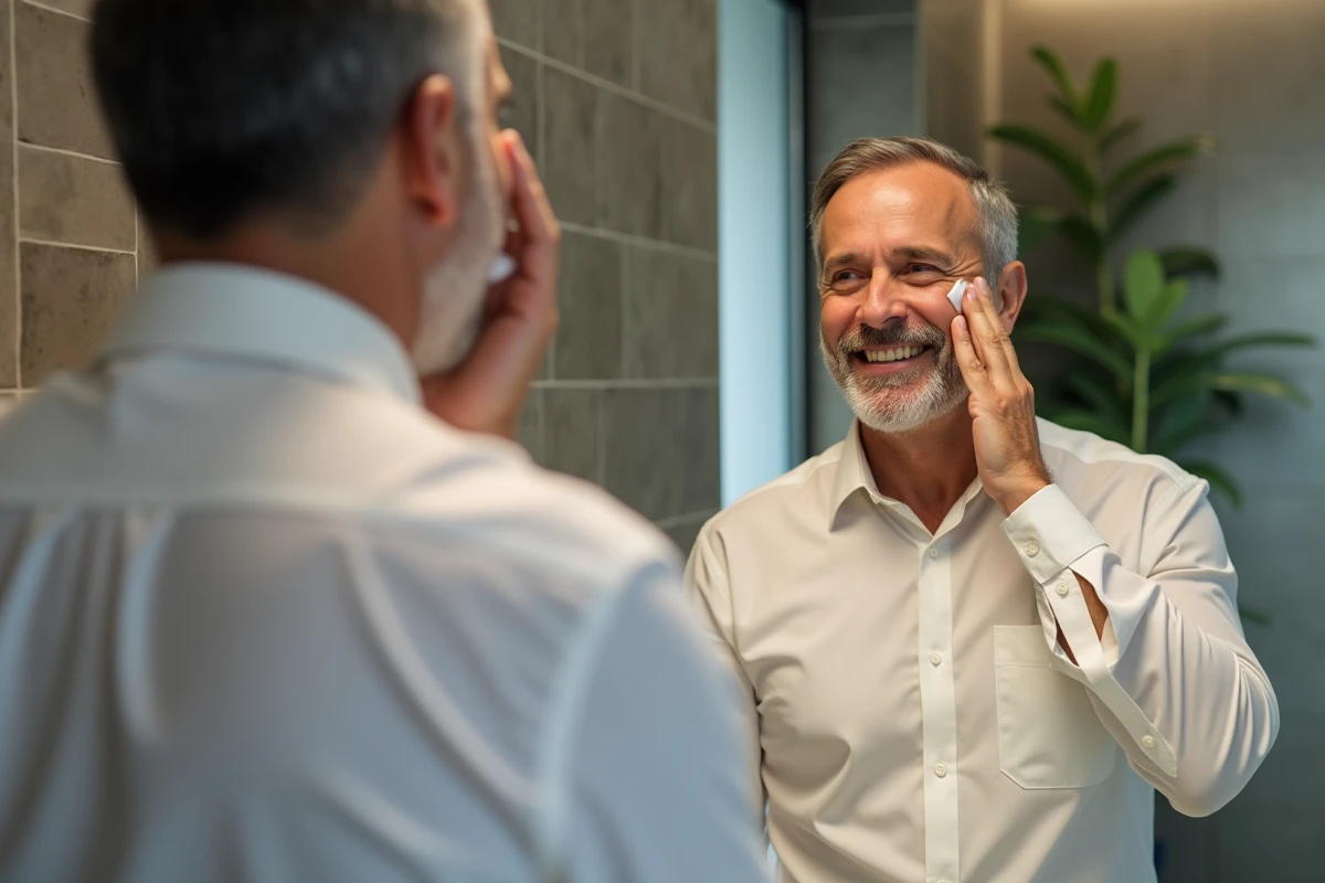 Homme regardant son reflet après soin visage dans la salle de bain