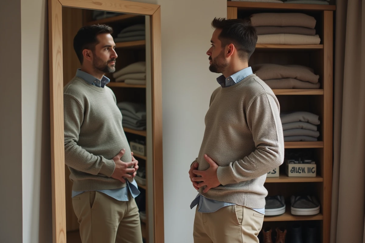 Homme regardant son reflet dans un dressing décontracté