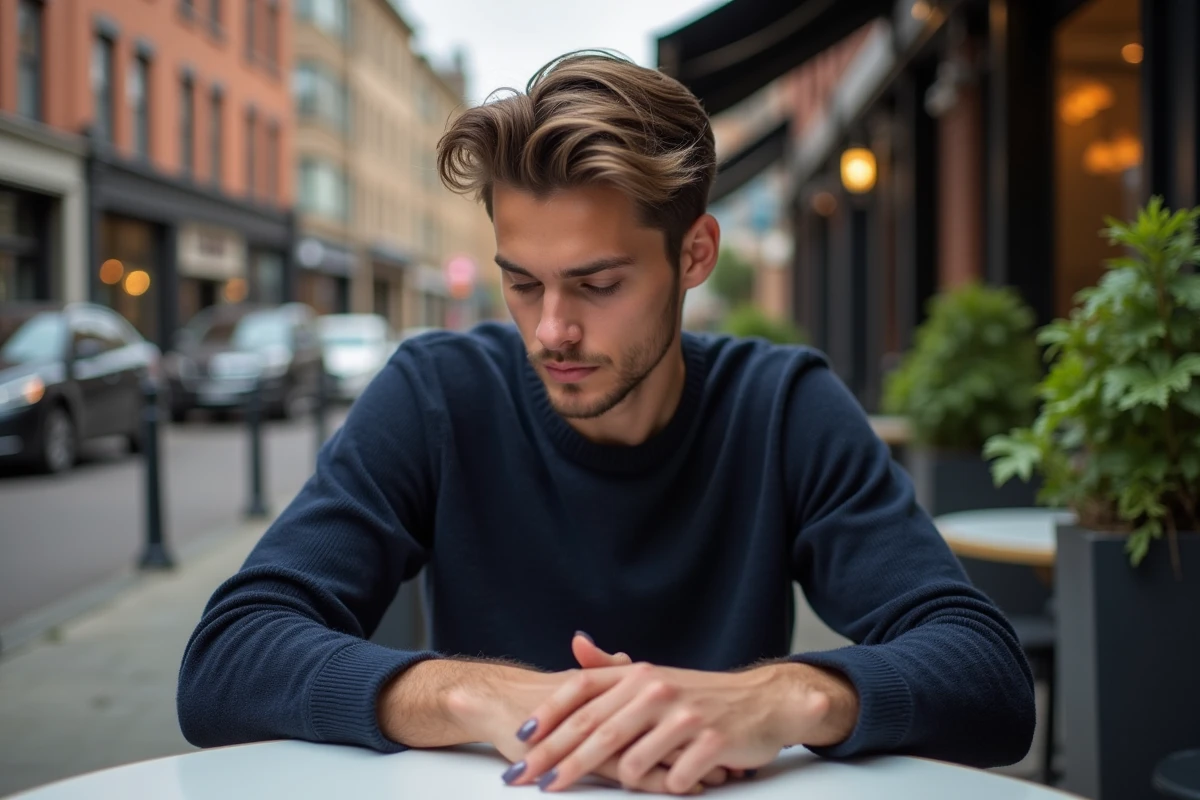 Jeune homme regardant ses ongles géométriques en terrasse