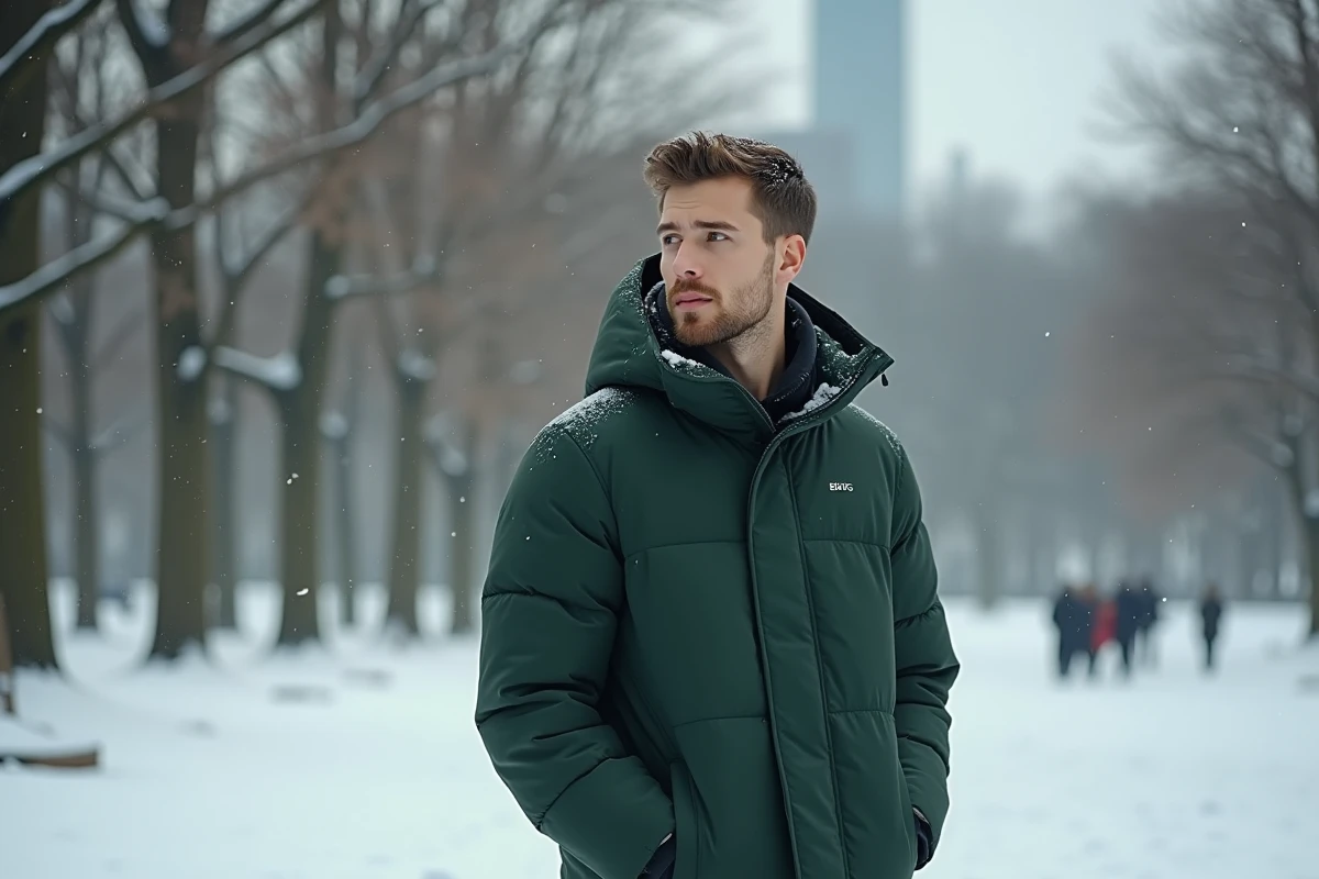 Jeune homme en manteau vert dans un parc enneige