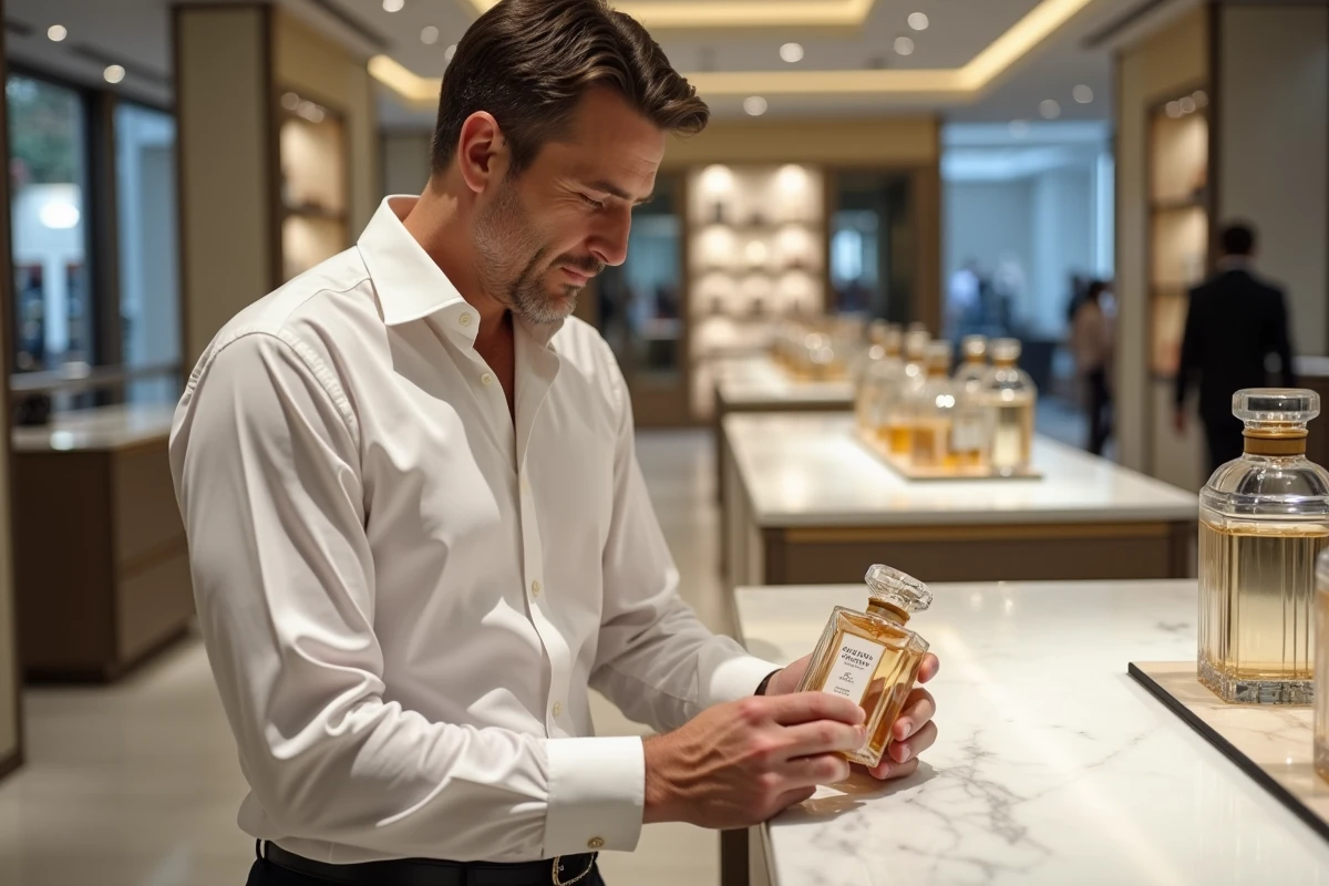 Homme élégant examinant un flacon de parfum haut de gamme dans une parfumerie de luxe