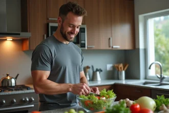 Homme en cuisine préparant une salade fraîche