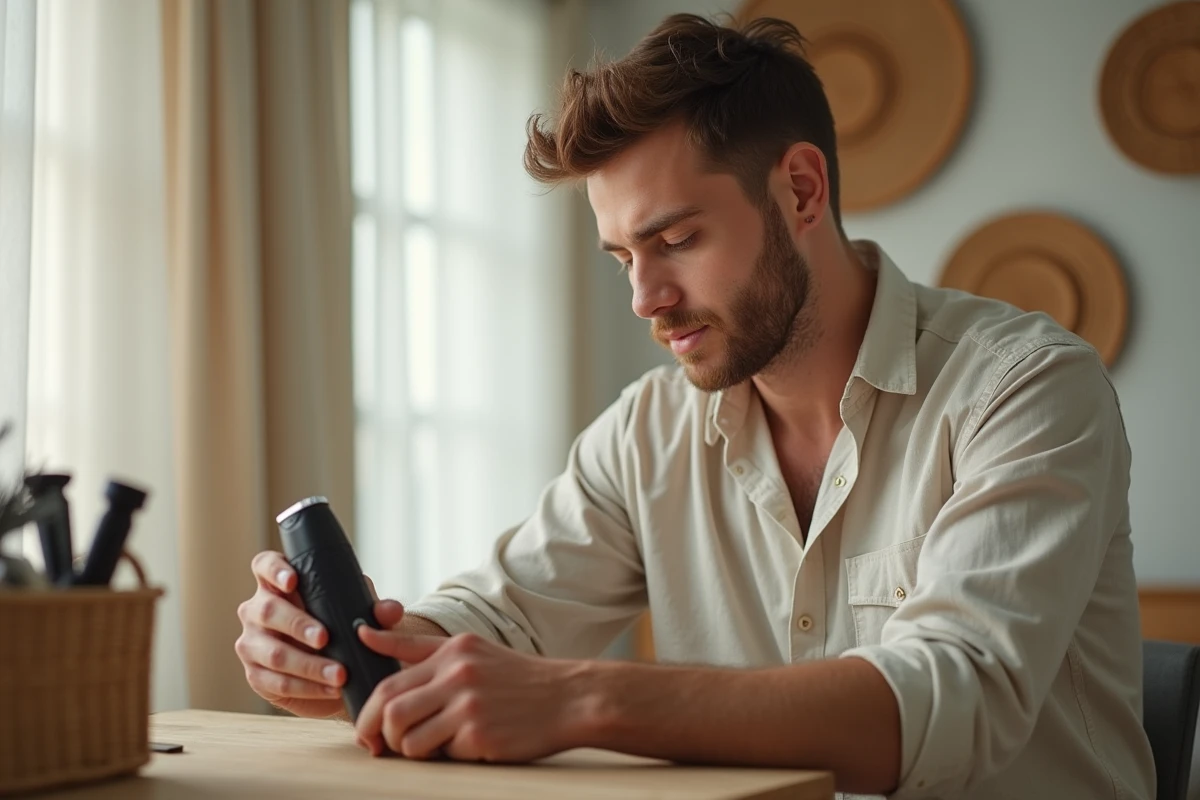 Homme utilisant une tondeuse électrique sur son avant-bras dans une chambre lumineuse
