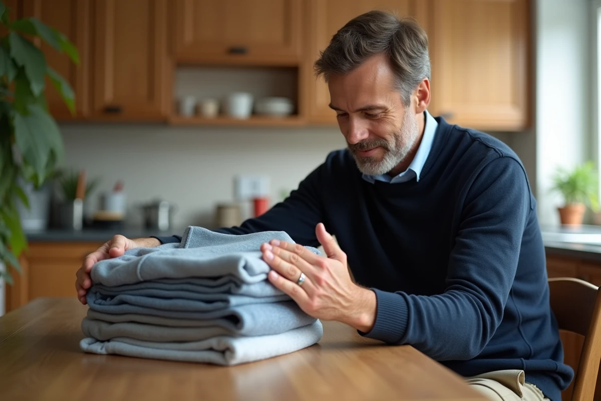 Homme à la maison examinant ses vêtements pliés