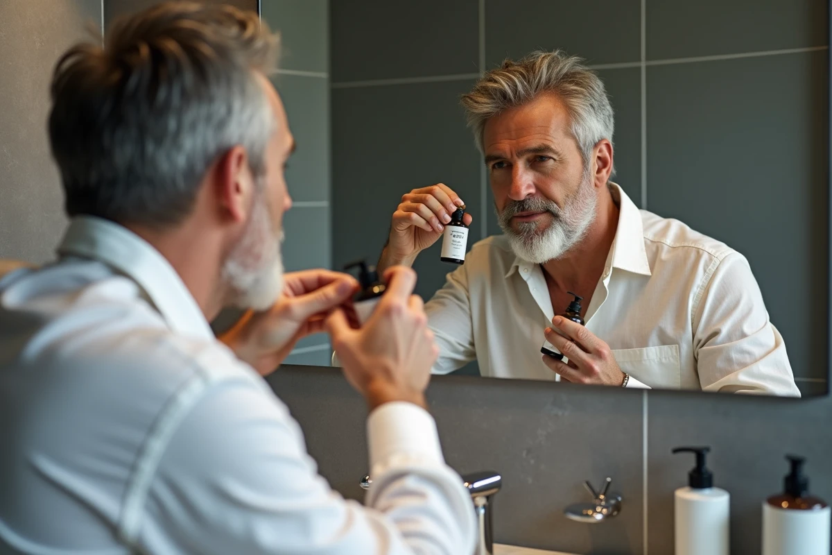 Homme aux cheveux gris sel et poivre tenant un flacon de teinture devant un miroir de salle de bain moderne