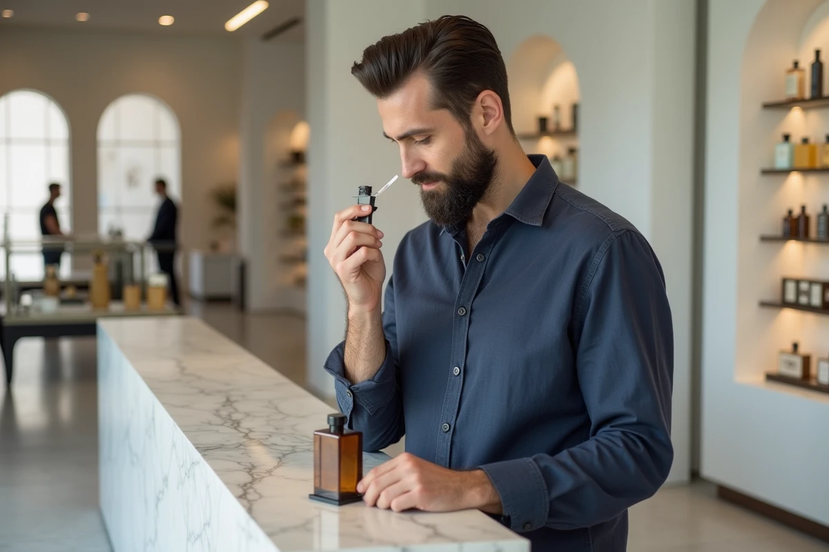 Homme testant une bandelette de parfum oriental dans une boutique moderne