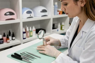 Technicienne en onglerie inspectant les ongles naturels d'une cliente avant la pose de gel, avec loupe et gants de protection sur un poste de travail organisé