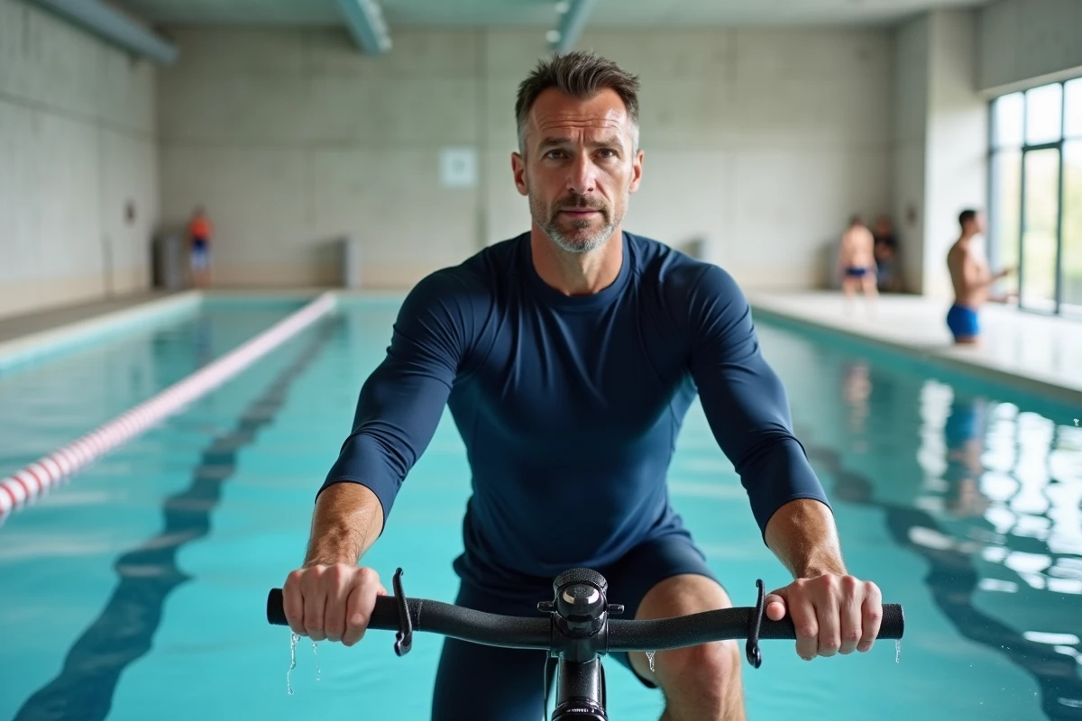 Instructeur d'aquabike en piscine urbaine guidant un cours collectif d'aquabiking à Levallois-Perret