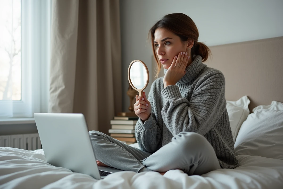 Femme introspective comparant son visage naturel dans un miroir à des portraits filtrés sur les réseaux sociaux, assise sur un lit dans une chambre lumineuse