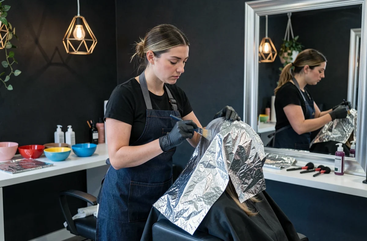 Coiffeuse appliquant une coloration chez IS'Addict à Eaubonne dans le Val-d'Oise