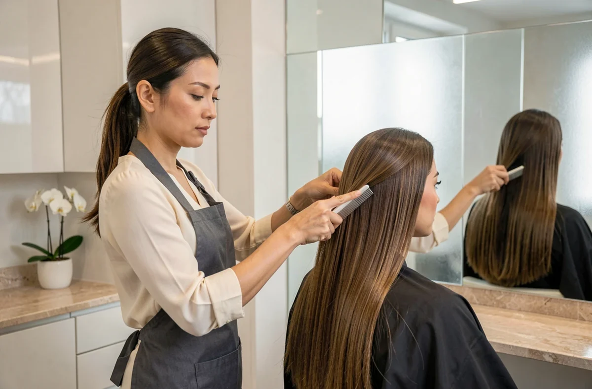 Coiffeuse appliquant un soin lissant au salon Janya Coiffure à Enghien-les-Bains