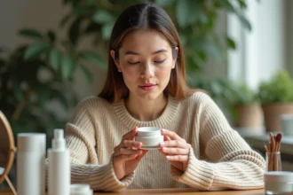Jeune femme examinant une crème visage dans un intérieur cosy