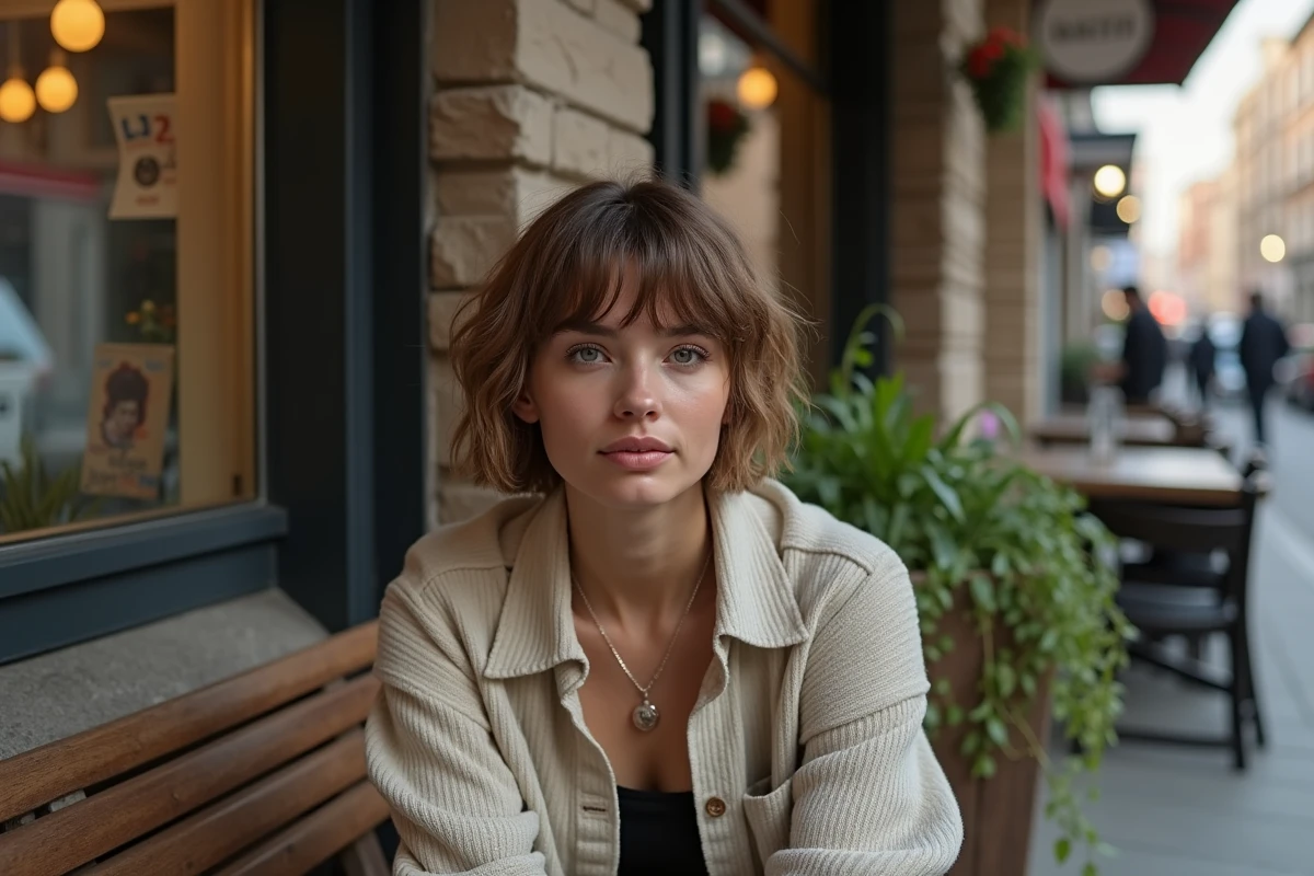 Jeune femme avec coupe degrade américain dehors en ville