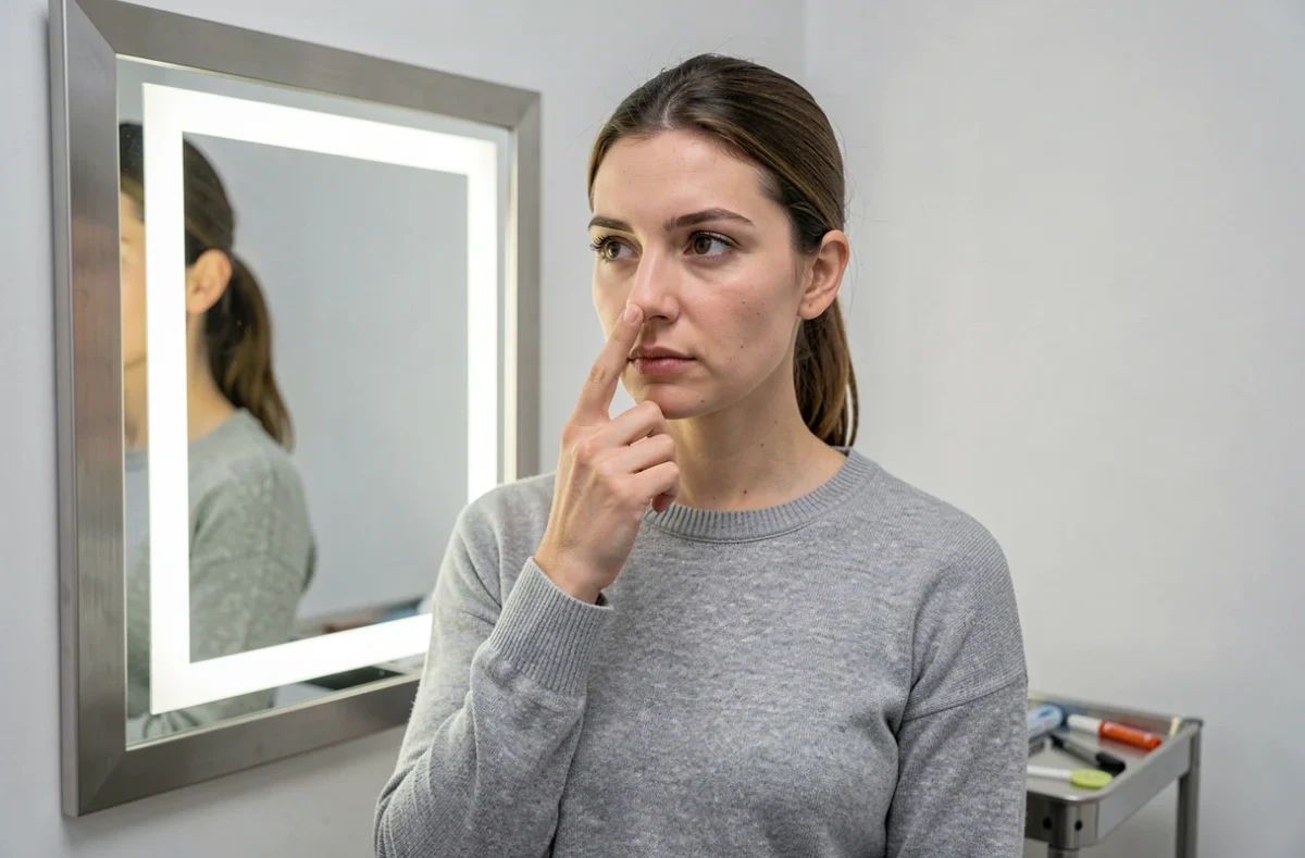 Jeune femme examinant son nez aquilin devant un miroir clinique avant une rhinoplastie