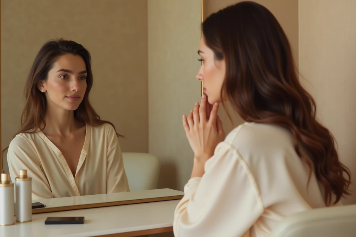 Jeune femme examinant son nez grec de profil dans un miroir en réfléchissant à une rhinoplastie