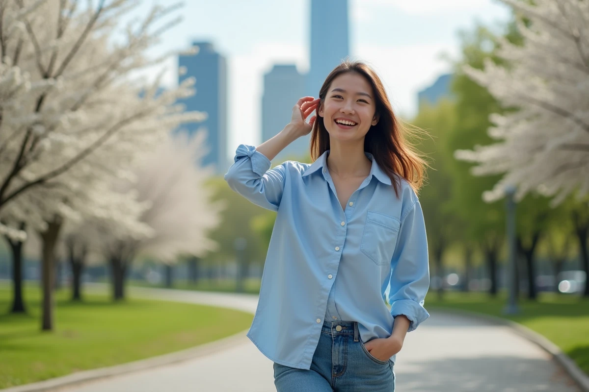 Jeune femme souriante dans un parc urbain en plein air