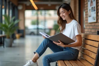 Jeune femme souriante avec portfolio dans un studio moderne