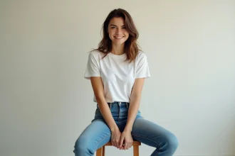 Jeune femme confiante assise sur un tabouret en studio minimaliste
