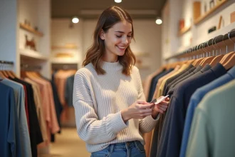 Jeune femme souriante dans une boutique de vêtements