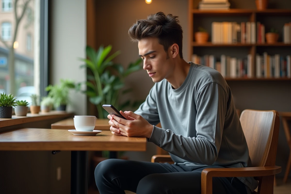 Jeune homme assis dans un café portant leggings et tshirt