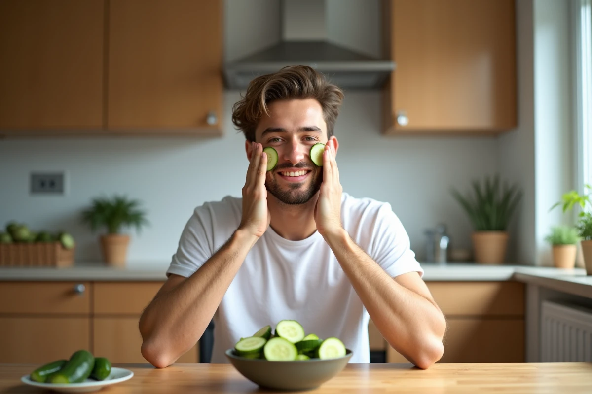 Jeune homme appliquant des rondelles de concombre sur le visage
