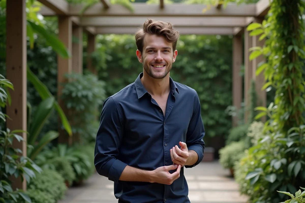 Jeune homme appliquant une lotion dans un jardin botanique