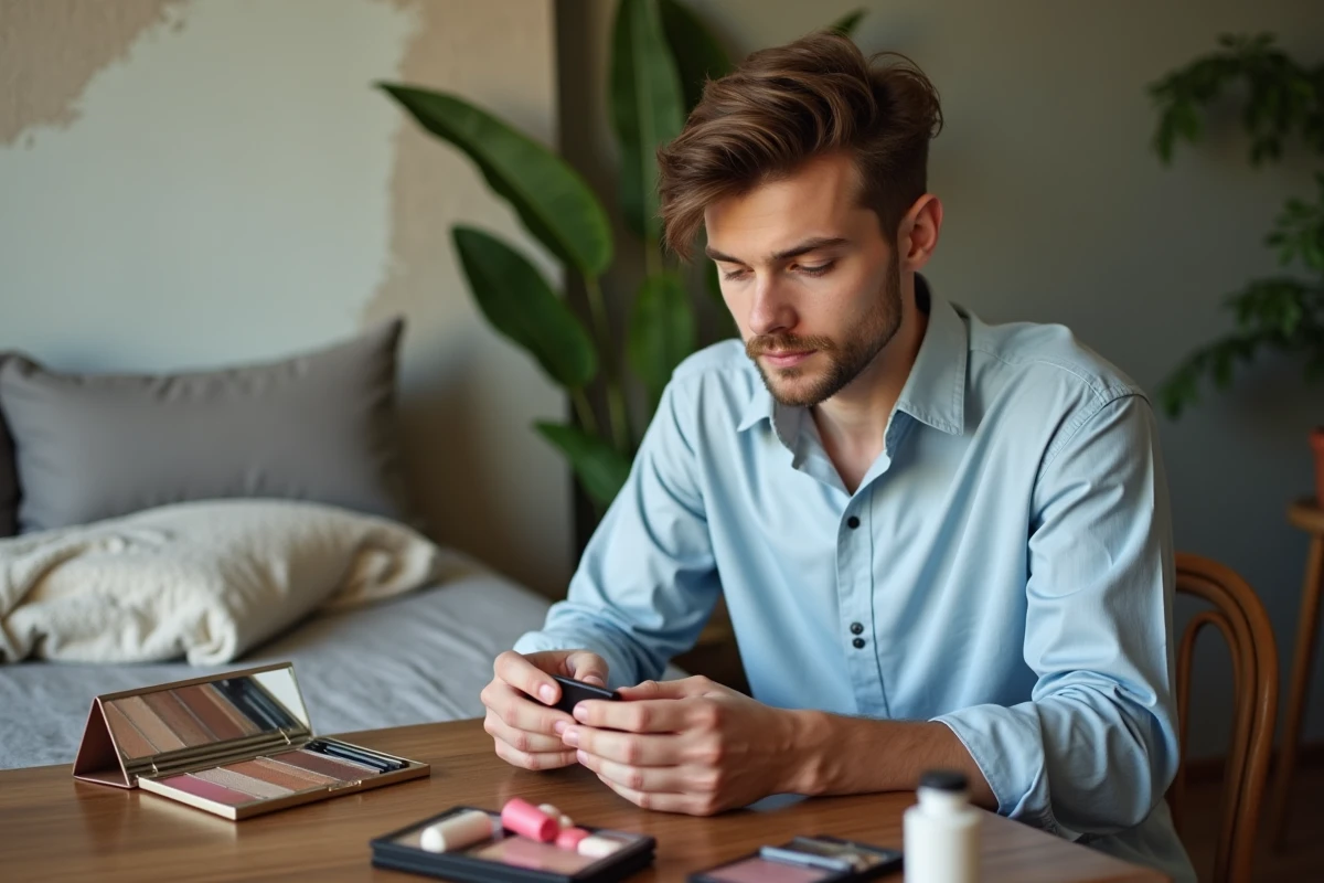 Jeune homme examinant des produits de maquillage dans sa chambre