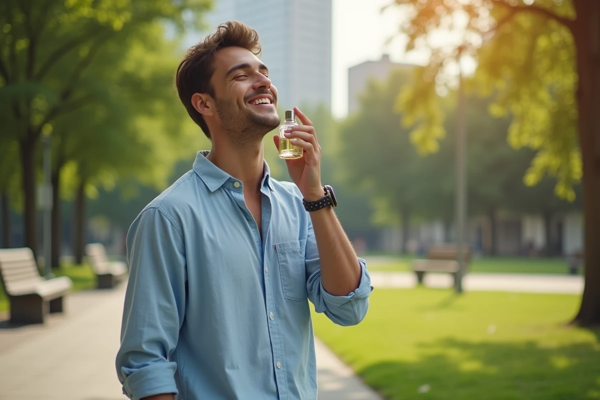 Jeune homme dans un parc urbain avec parfum à la main