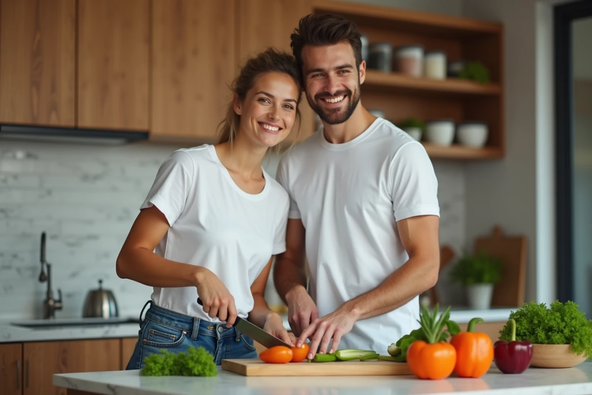 Jeune homme préparant des légumes dans une cuisine moderne