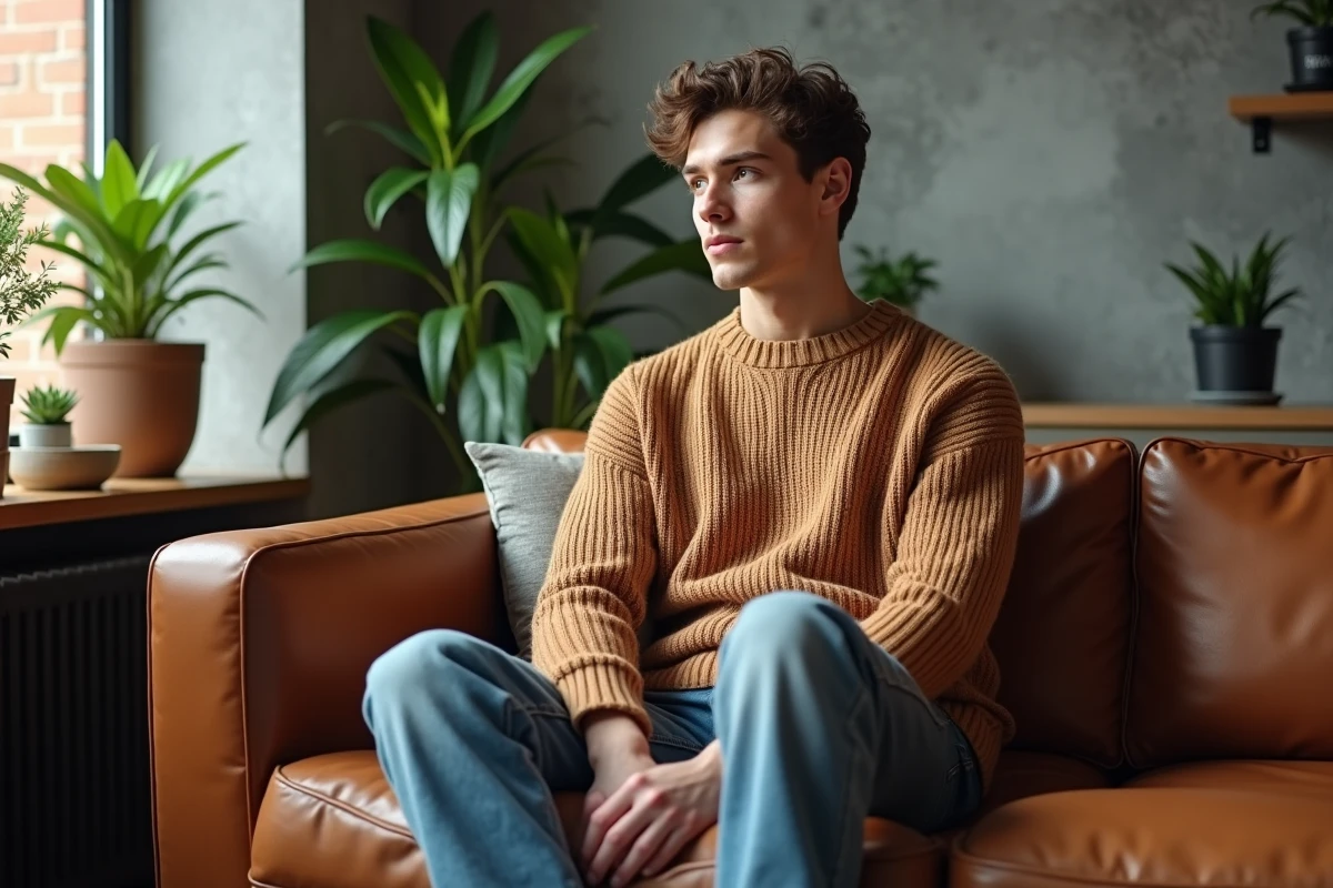 Jeune homme en pull oversize sur un sofa en cuir caramel