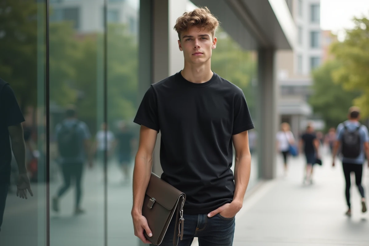 Jeune homme modèle urbain avec portfolio en extérieur