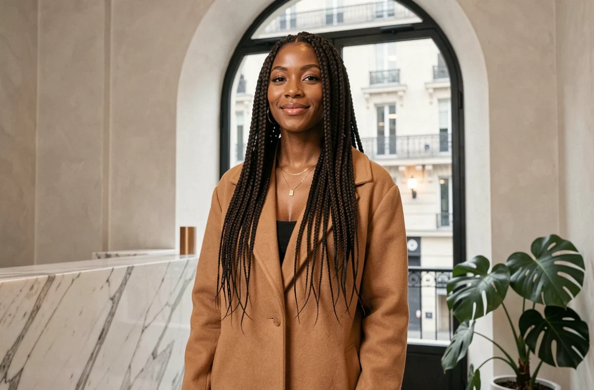 Jeune femme arborant des knotless box braids longues dans un salon de coiffure afro moderne au cœur de Paris