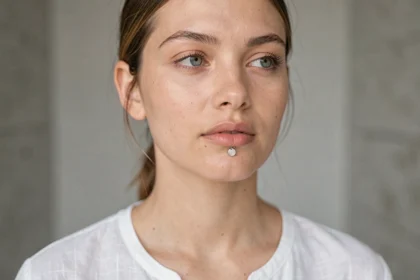 Femme portant un labret argenté centré sur la lèvre inférieure, gros plan portrait éditorial sur fond gris neutre