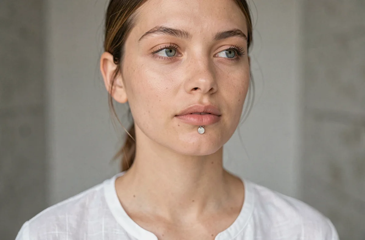Femme portant un labret argenté centré sur la lèvre inférieure, gros plan portrait éditorial sur fond gris neutre