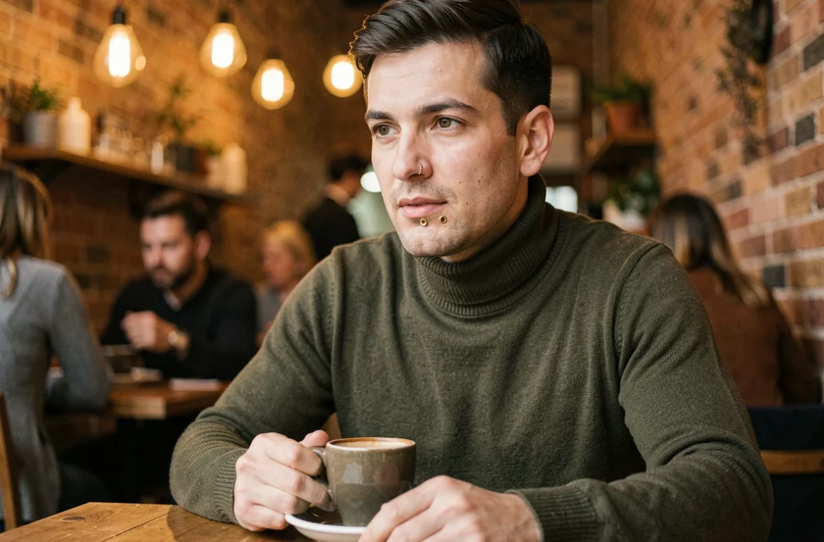 Personne avec un labret doré asymétrique à gauche de la lèvre dans un café urbain, style éditorial lifestyle