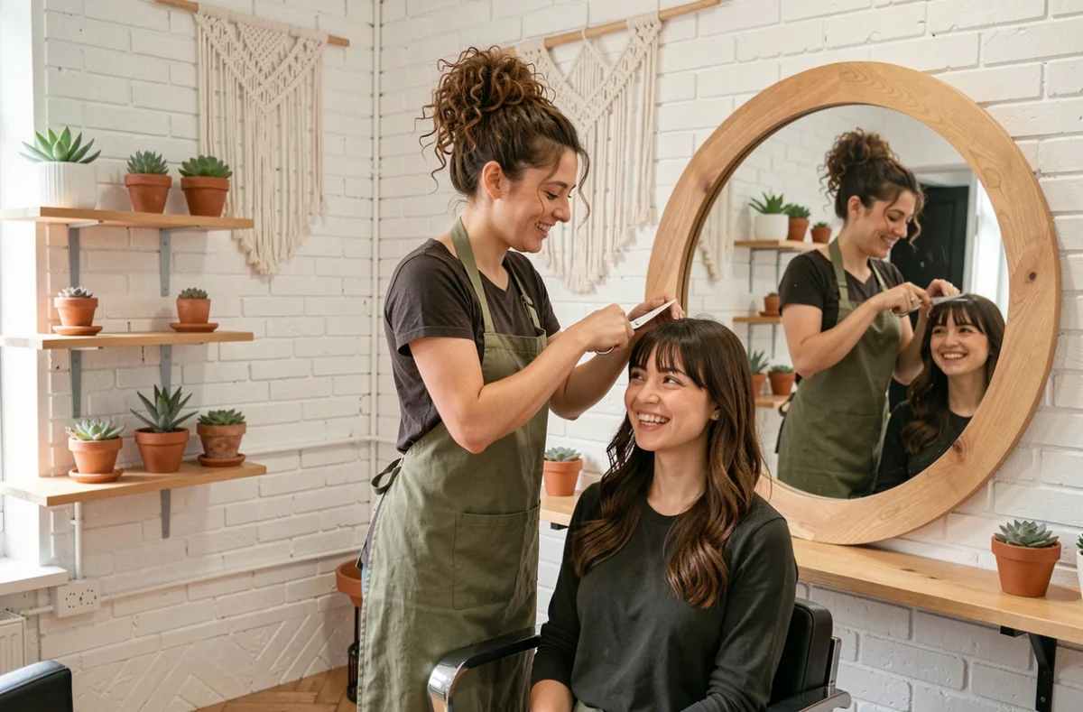 Coiffeuse coupant une frange avec soin au salon Libertif à Méry-sur-Oise dans le Val-d'Oise