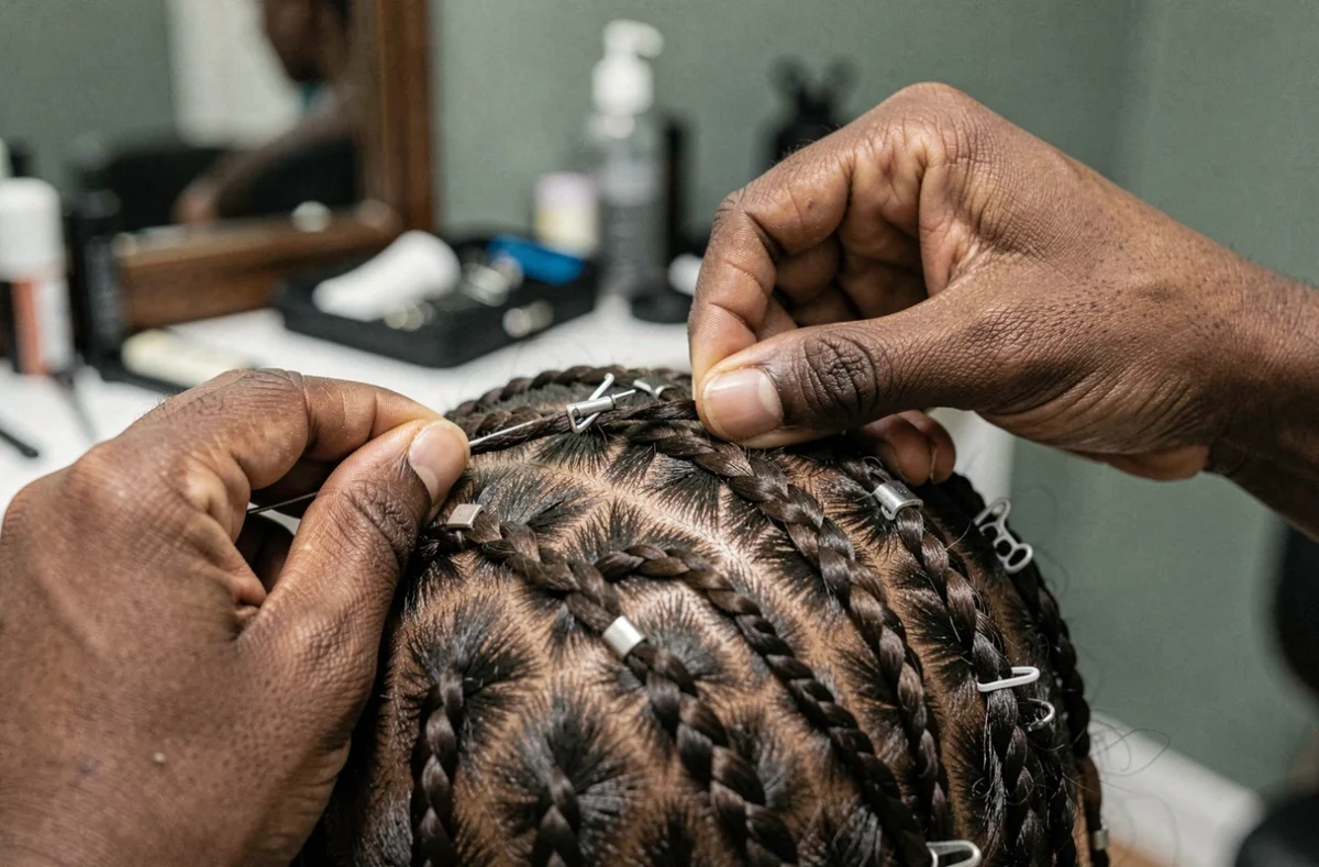 Gros plan sur des mains expertes réalisant des cornrows avec une précision géométrique dans un salon de coiffure afro à Paris