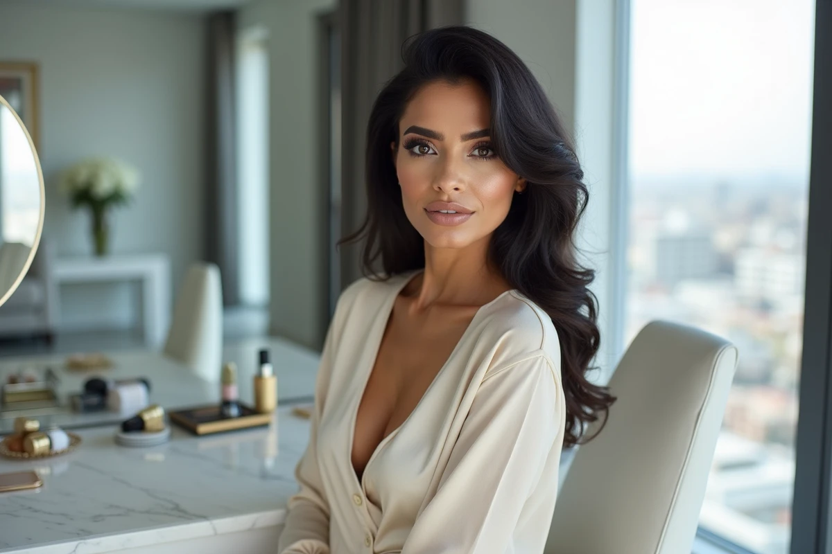 Femme marocaine moderne avec un maquillage glam contemporain devant une coiffeuse en marbre dans un appartement urbain de Casablanca