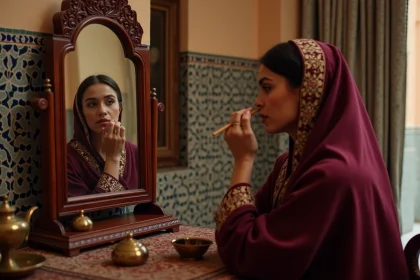 Femme marocaine appliquant du khôl traditionnel devant un miroir de riyadh, vêtue d'un kaftan brodé bordeaux