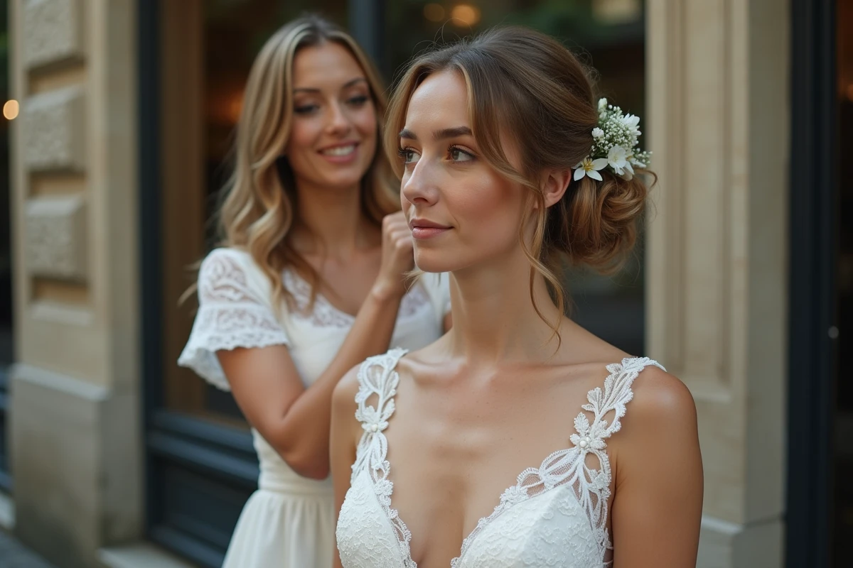 Mariée avec coiffure florale dans une rue lyonnaise