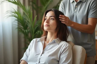 Femme recevant un massage cranien dans un studio moderne