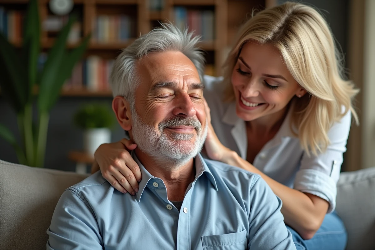 Homme souriant recevant un massage du cuir chevelu à la maison